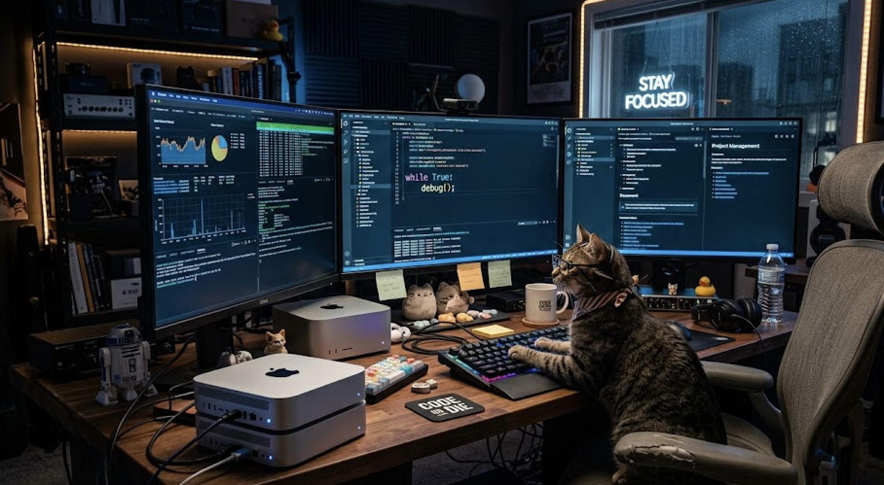 AI-generated image of a cat at a multi-monitor coding desk